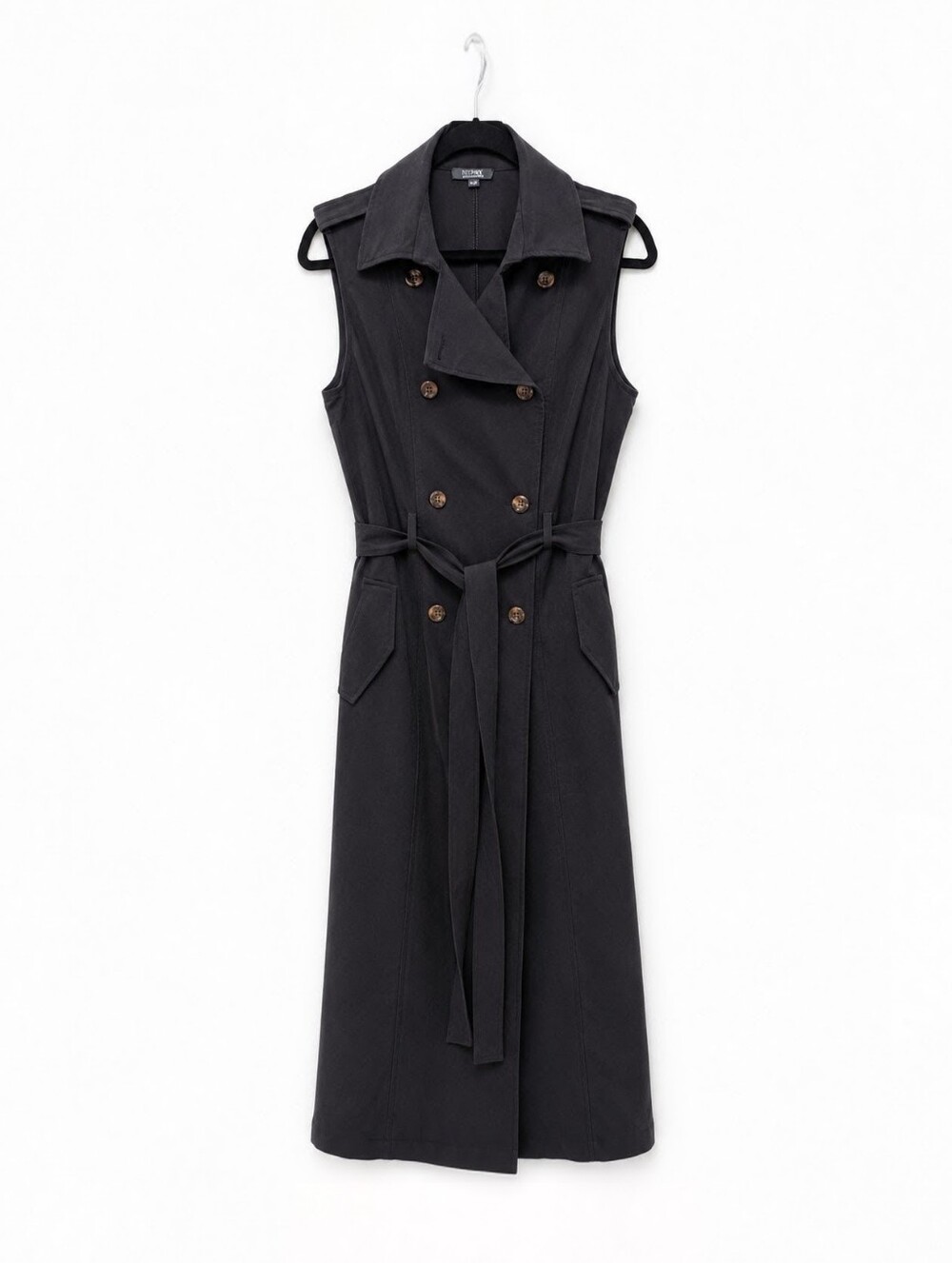 Privy Black Sleeveless Double Breasted Trench Midi Dress Belted Size Large